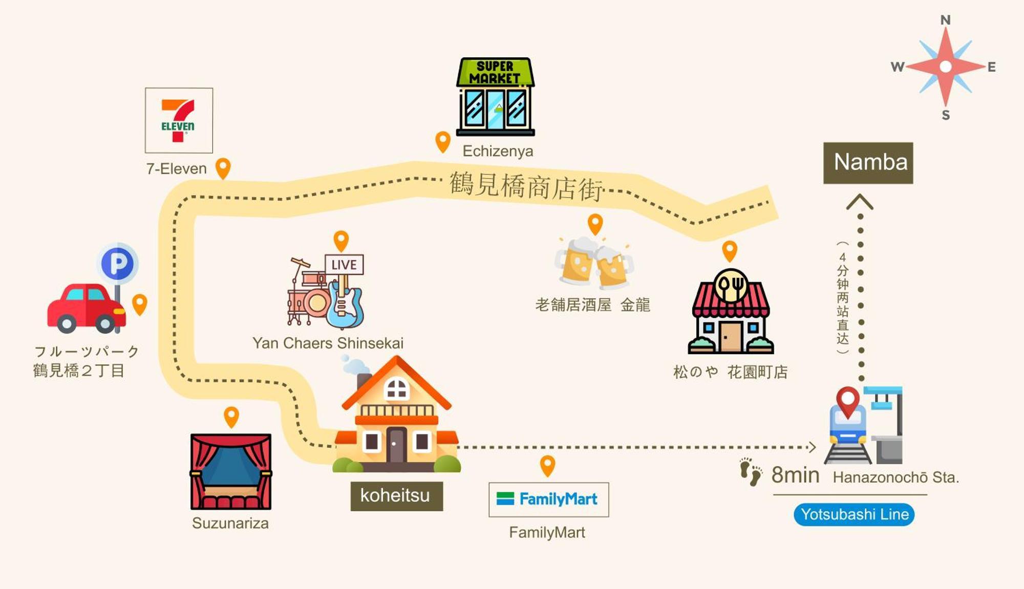Holiday home Koheitsu Tsurumibashi 6ppl House Namba Shinsaibashi Usj *