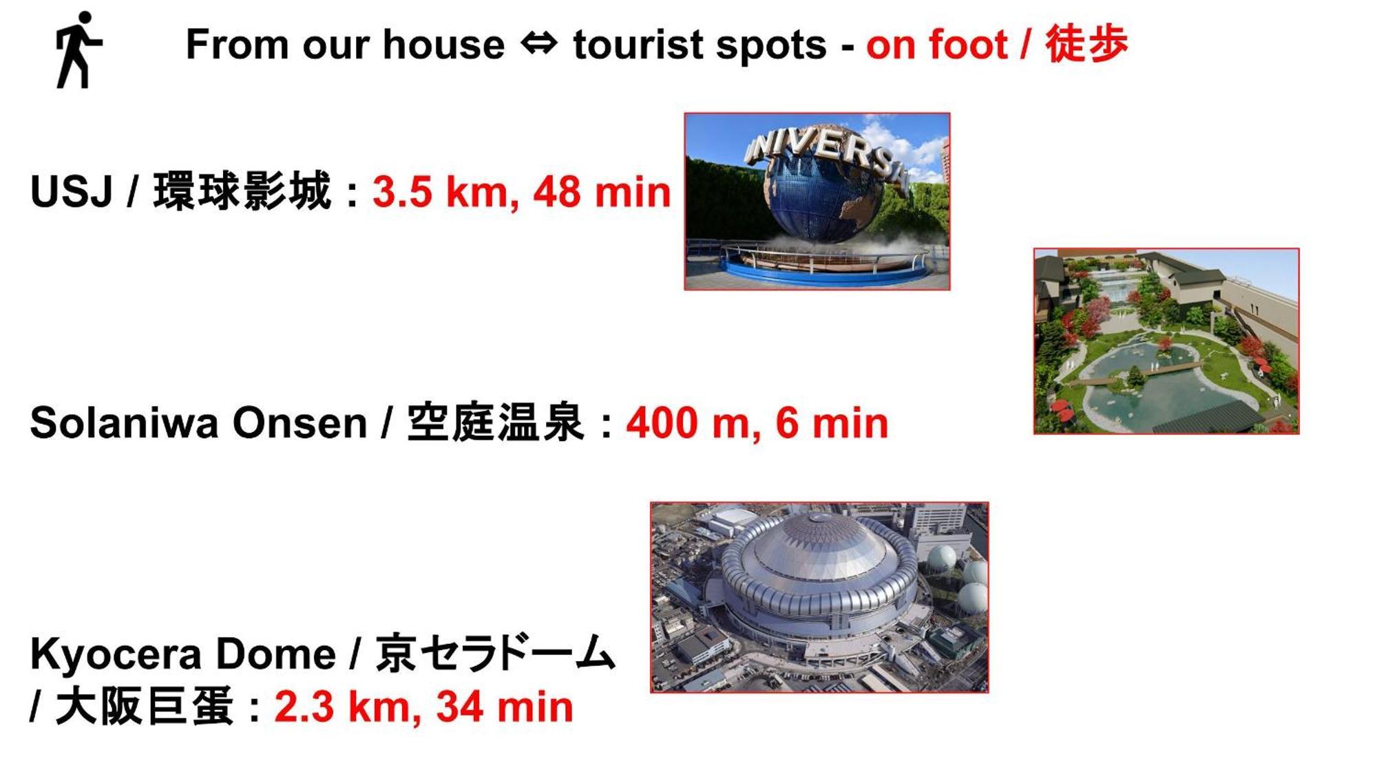 Usj 22min,kaiyukan 11min,kyocera Dome 8min,solaniwa Onsen 5min,direct 2 Kix,kaiyukan,osaka,nara,osaka Castle *