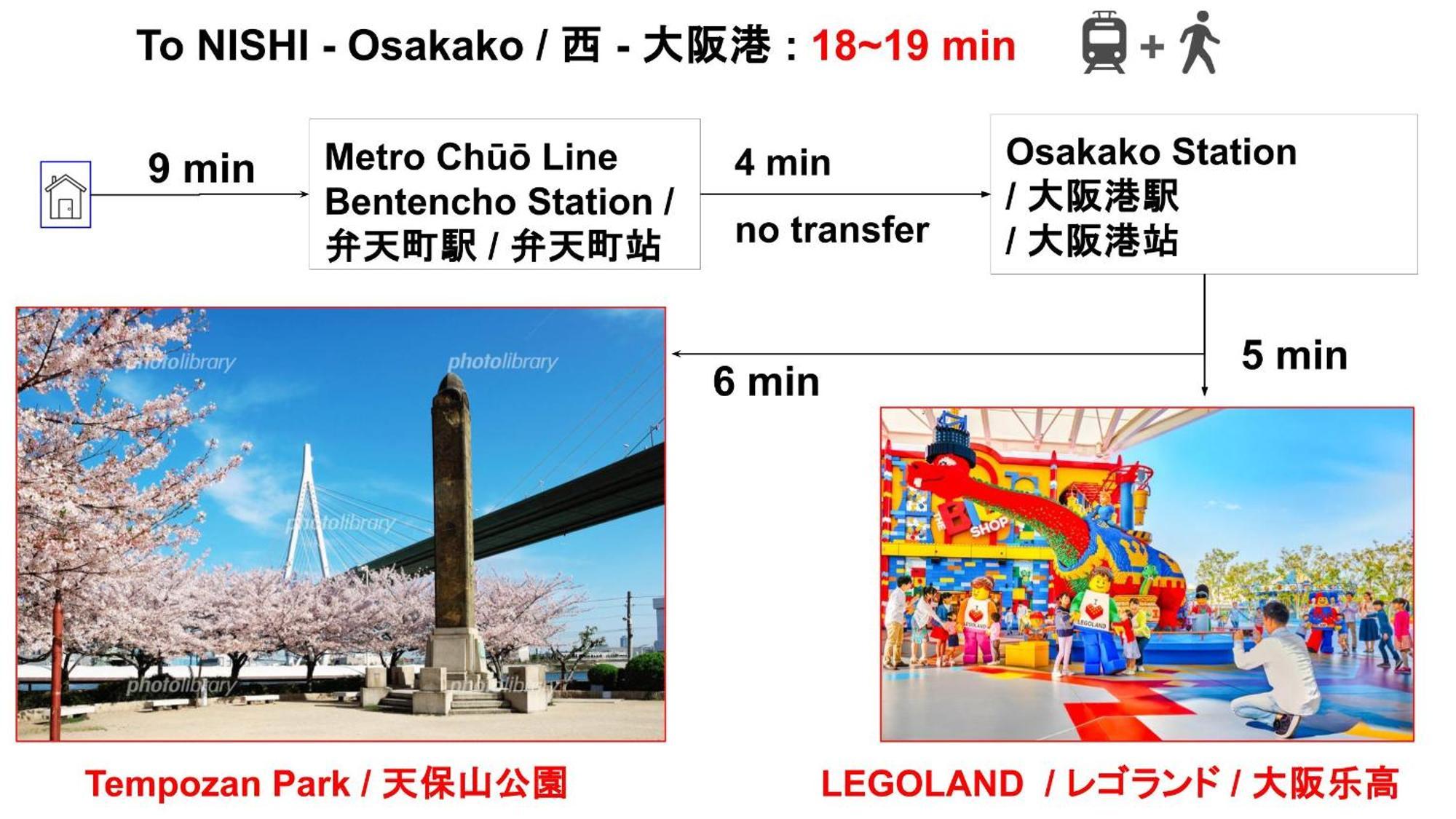 Usj 22min,kaiyukan 11min,kyocera Dome 8min,solaniwa Onsen 5min,direct 2 Kix,kaiyukan,osaka,nara,osaka Castle
