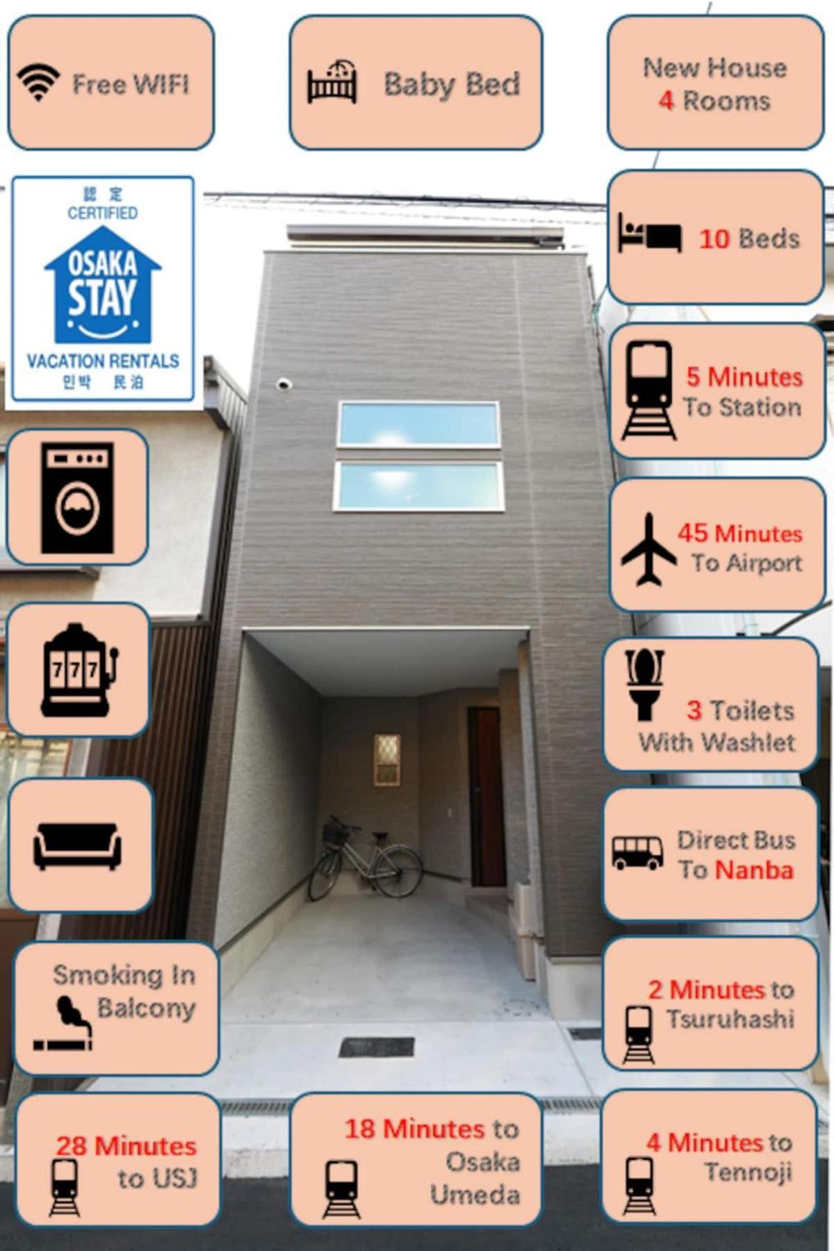 Namba,umeda,tennoji,tsuruhashi,sekikor,direct,villa,10 Peoples Apartment Osaka